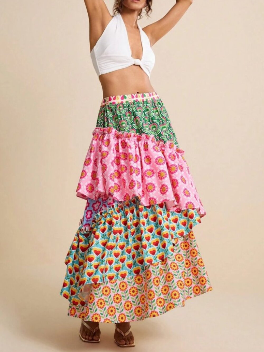 Pink Mixed Floral Tiered Ruffle Maxi Skirt - Picture 3 of 6